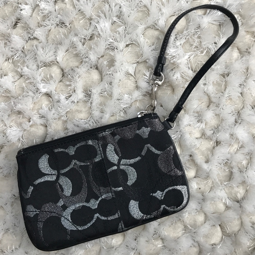 Coach Lurex Wristlet Black Silver Monogram C